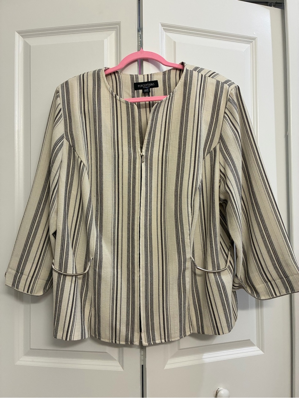 Perceptions Cream and Gray Striped Zip-Front Tunic